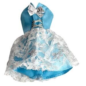 Barbie Doll Blue Dress White Lace Silver Bow Strapless Mini Fashion Avenue Party